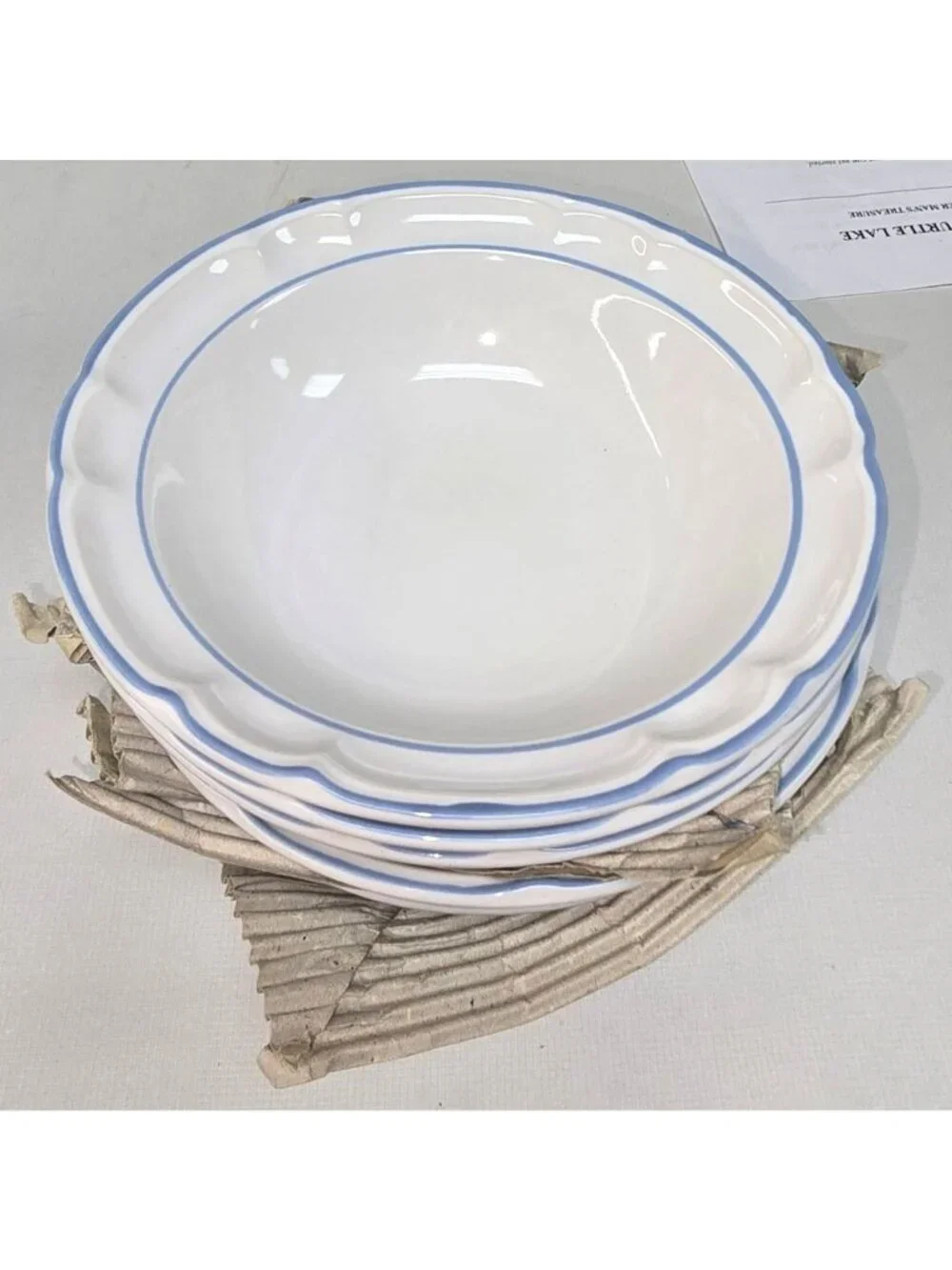 Floral Expressions Dessert Bowls SET 5 Stoneware Scalloped Edge & Blue Rim
